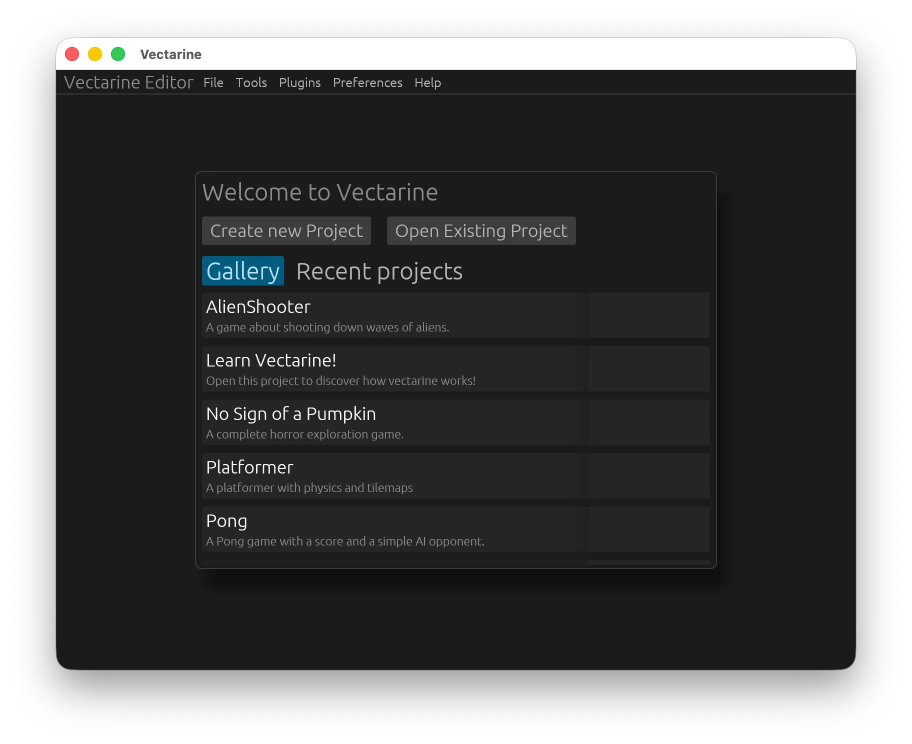 The Start Screen of Vectarine