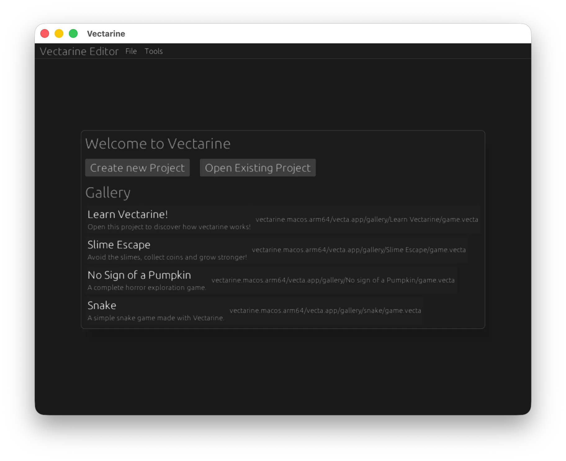 The Start Screen of Vectarine